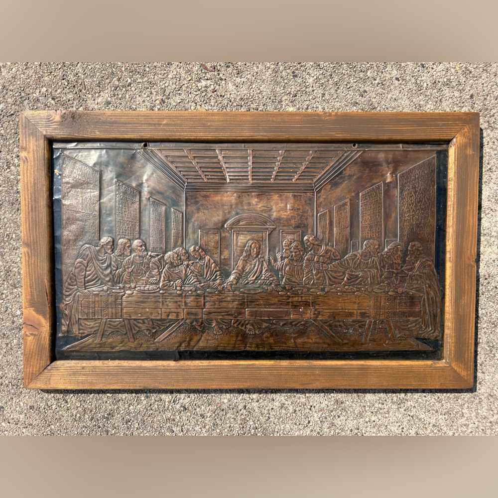 Vintage Cooper Wooden Framed 3D Last Supper Wall Art Framed Coppercraft 23x14